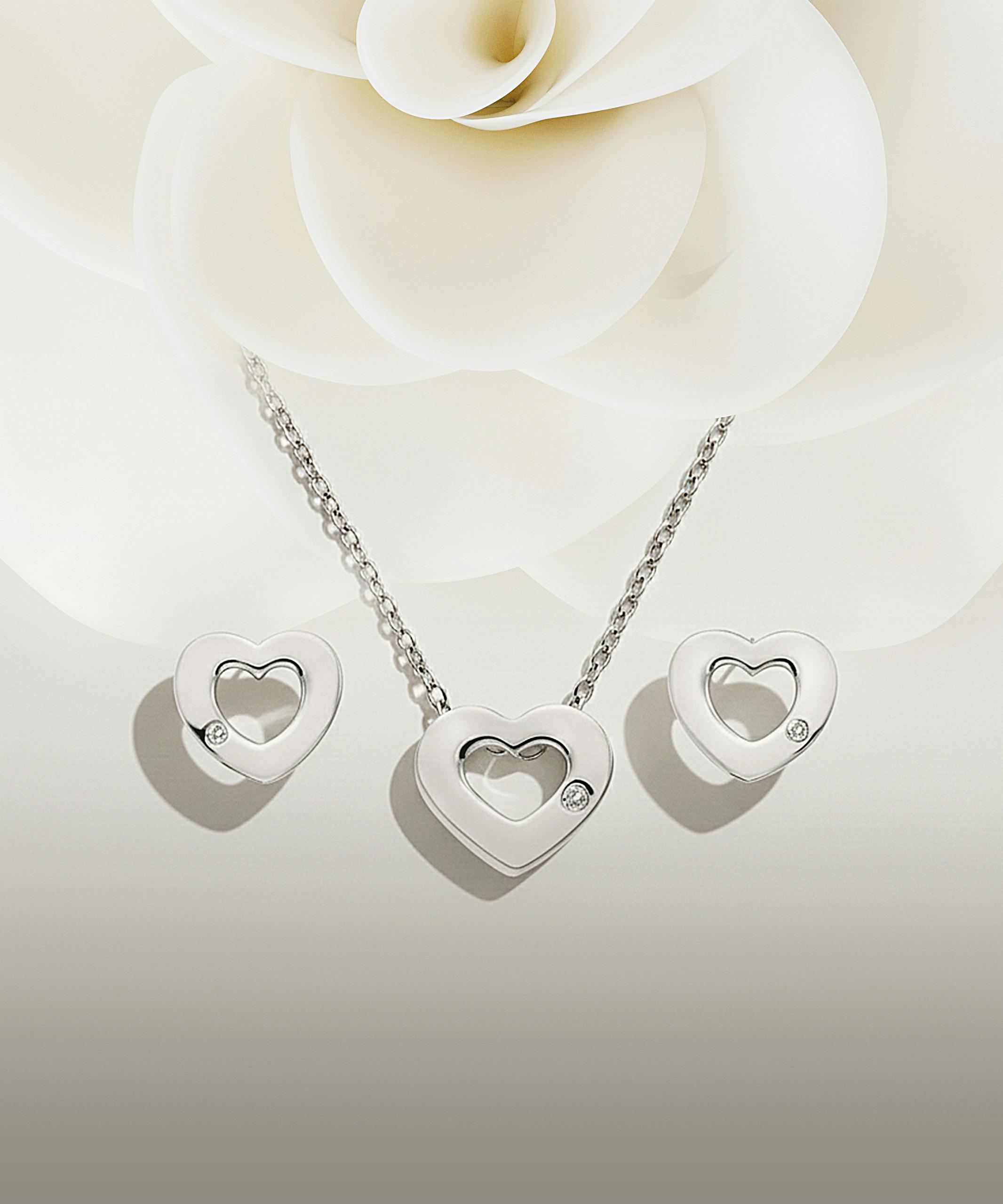 Heart jewellery collection featuring necklaces, earrings and bracelets