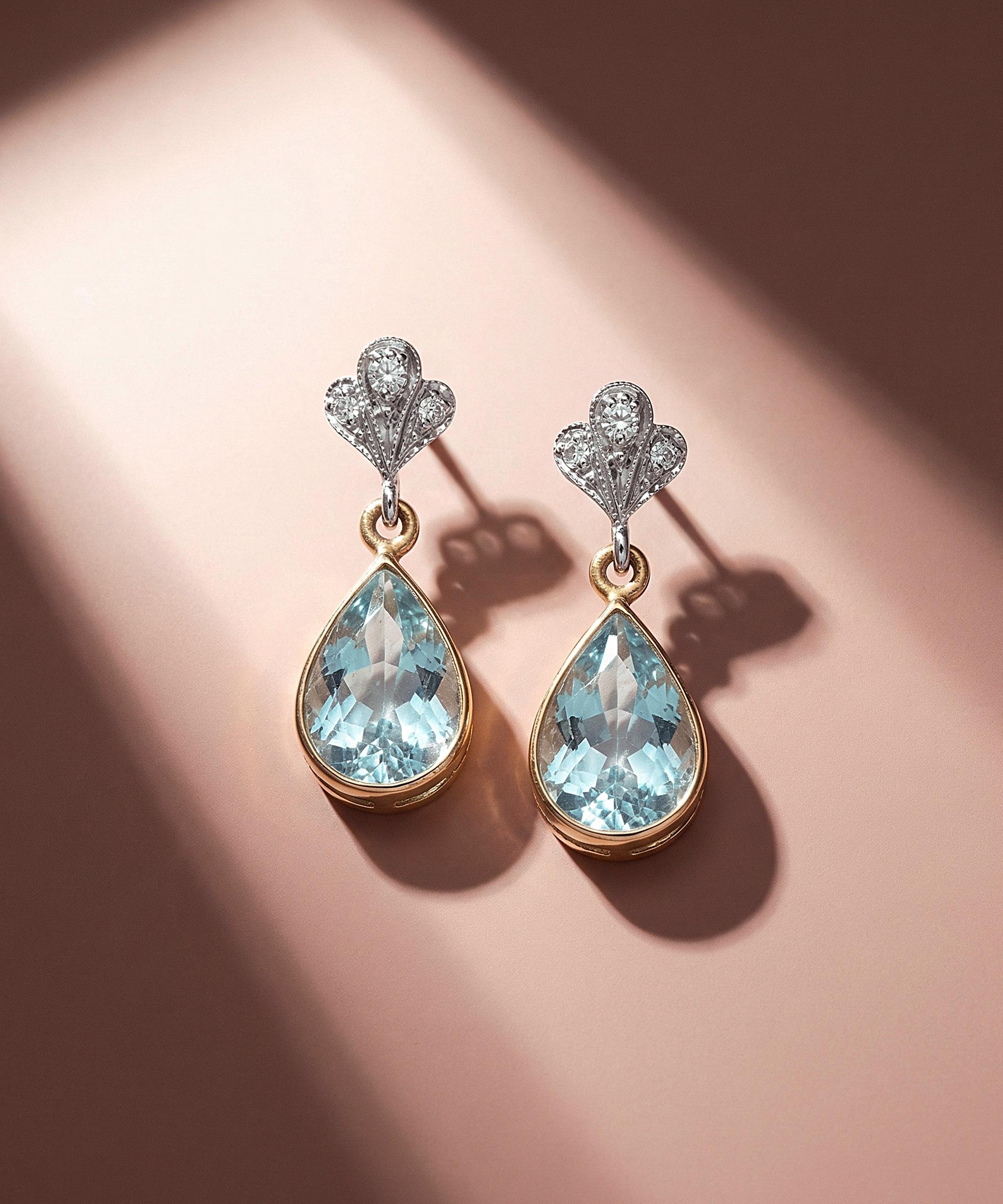 Aquamarine and diamond drop earrings from the Vintage Gemstone Edit