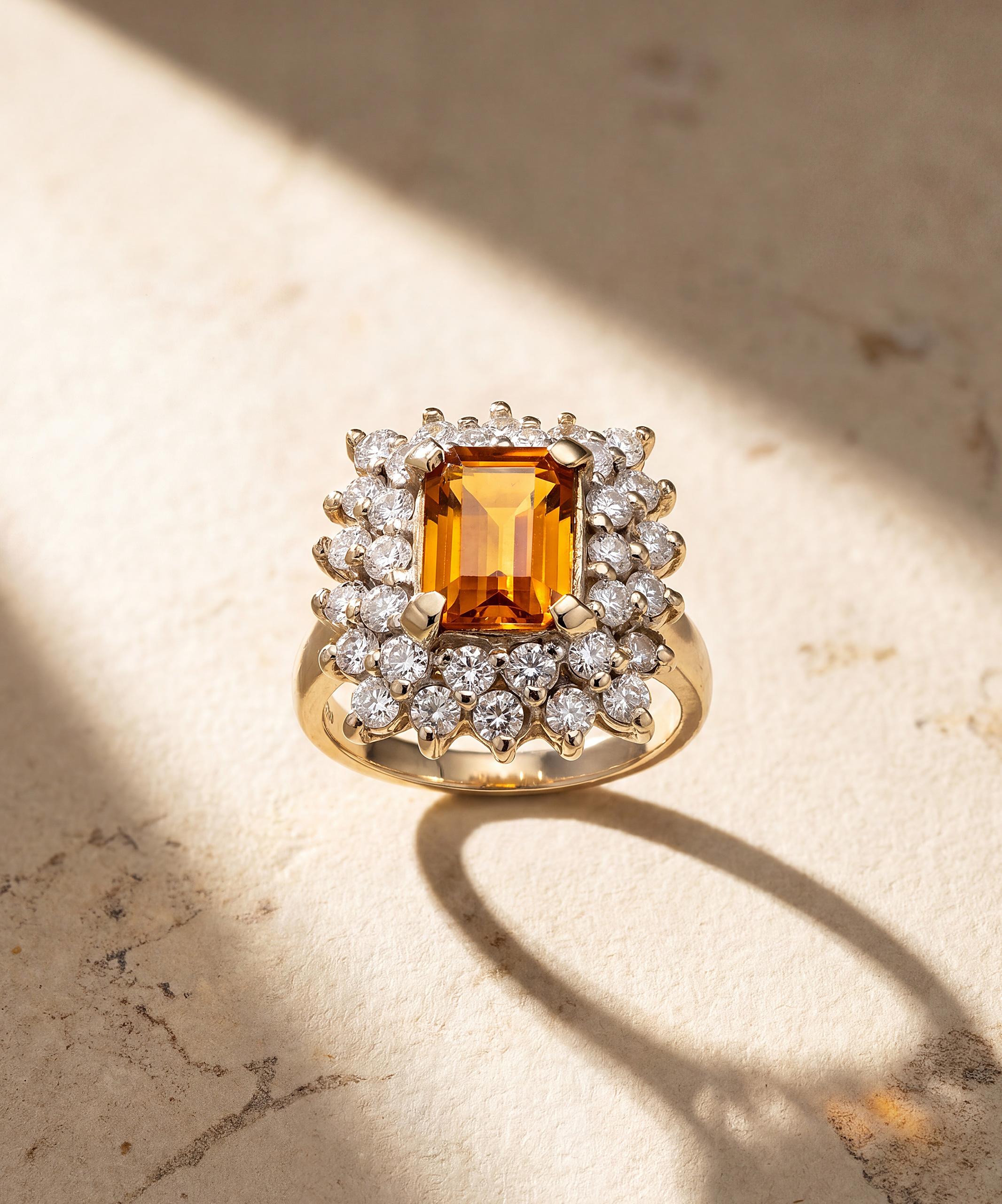 Mandarin citrine and diamond double halo vintage ring in 14ct yellow gold
